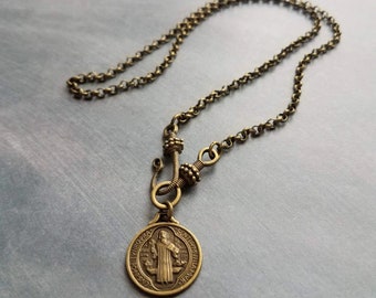 Antique Brass Rolo Chain, bronze St Benedict medal coin, Christian charm, front clasp necklace, vade retro satana protection cross pendant