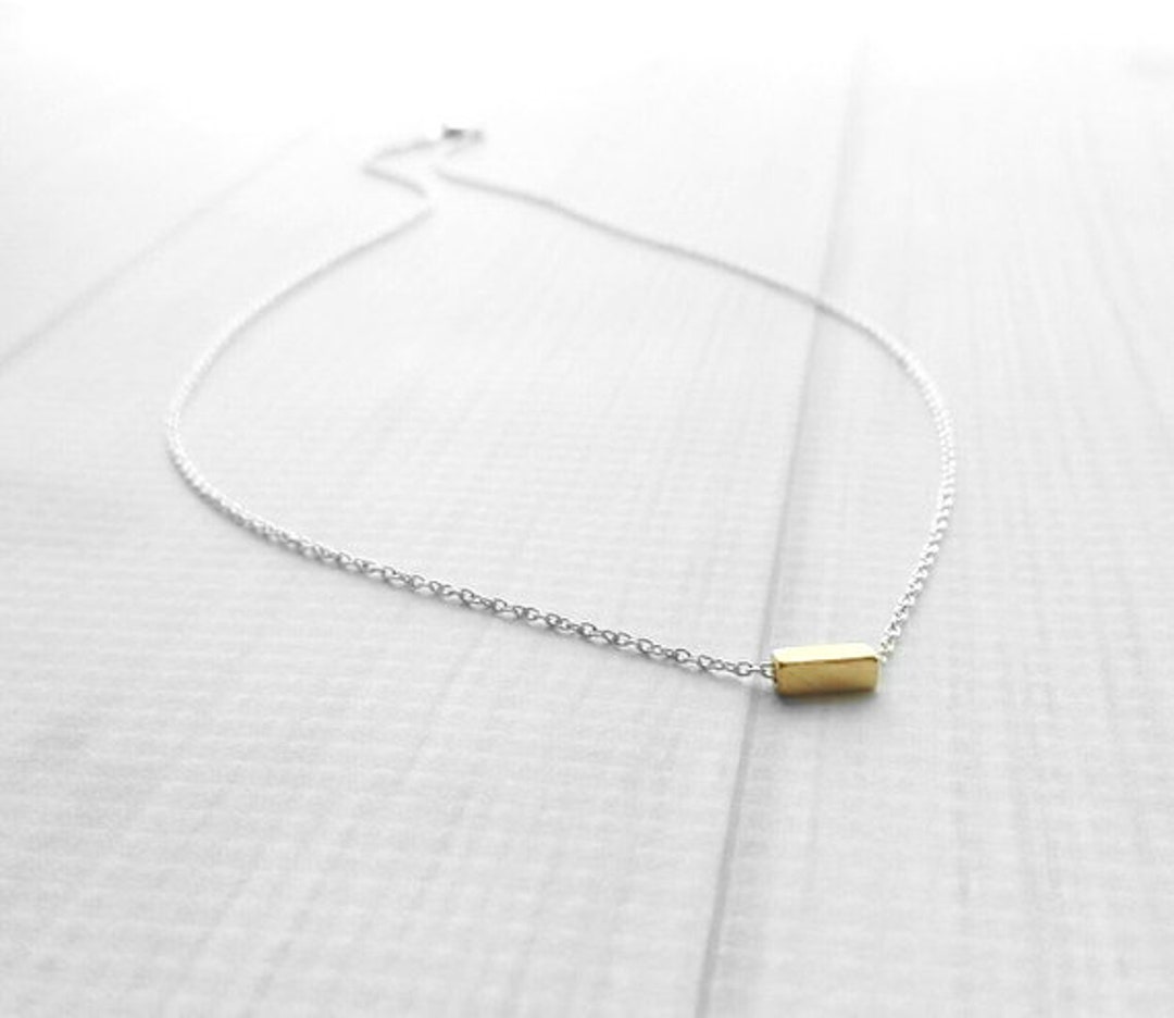 Gold Bar Necklace, .925 Sterling Silver Chain, Square Tube Necklace