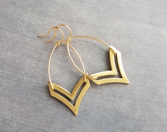 Gold Arrow Earrings, chevron earring, gold chevron, arrow dangle, chevron dangle earring, brass spear earring, 2" earring gold spear earring