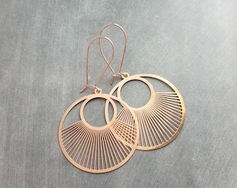 Large Rose Gold Sun Earrings, rose gold circle earrings, statement earrings, spoke earrings, sun ray earring, big round lightweight pink