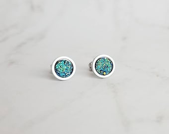 Stainless Stud Earrings, cobalt blue stud, aqua teal blue earring, peacock blue earring, faux druzy stone stud, rough surface hypoallergenic