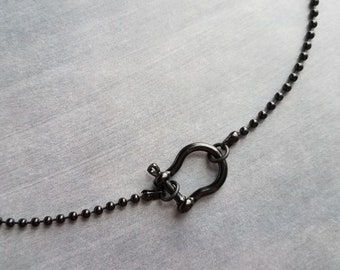 Black Ball Chain, solid black chain, black shackle clasp, black ball necklace, front clasp necklace, all black necklace, solid black chain