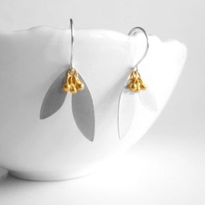 Mixed Metal Earrings, silver gold earring, silver leaf earring, gold pod earring, double leaf earring, .925 sterling silver hooks, vermeil image 1