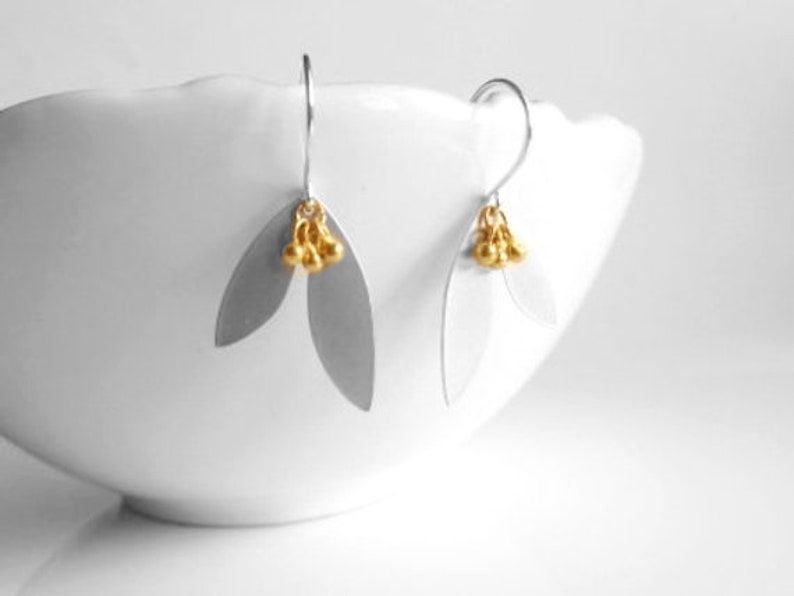 Mixed Metal Earrings, silver gold earring, silver leaf earring, gold pod earring, double leaf earring, .925 sterling silver hooks, vermeil image 1