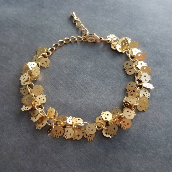 Skull Bracelet, matte gold bracelet, tiny gold skulls, small gold skull bracelet, skull fringe, gold skull chain, skeleton face bracelet