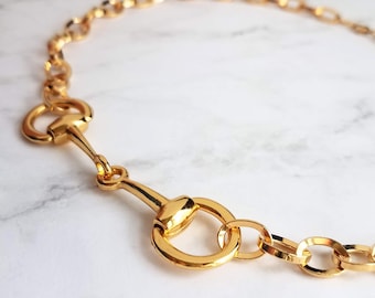 Gold Snaffle Bit Horse Necklace, chunky chain, equestrian necklace, gold horse necklace, snaffle necklace, D ring, thick gold chain, heavy