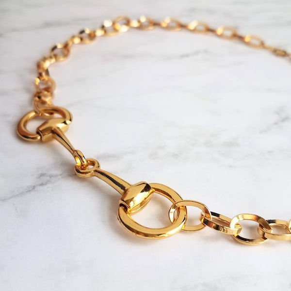 Gold Snaffle Bit Horse Necklace, chunky chain, equestrian necklace, gold horse necklace, snaffle necklace, D ring, thick gold chain, heavy