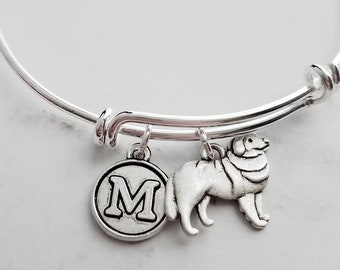 Great Pyrenees Dog Bracelet - personalized small letter charm / pet on simple silver wire double loop adjustable bangle - custom initial