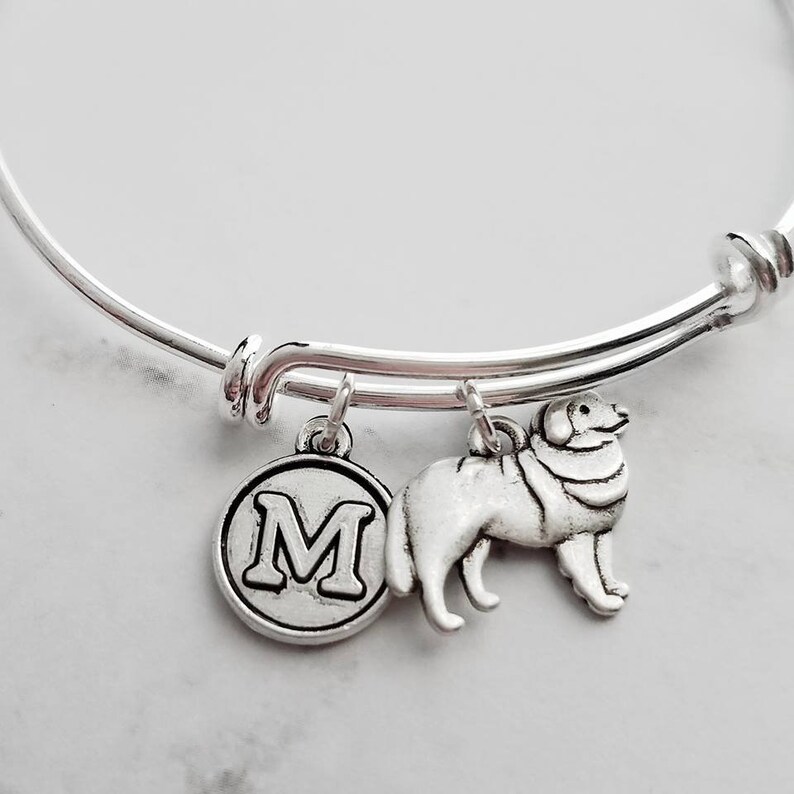 Great Pyrenees Dog Bracelet personalized small letter charm / pet on simple silver wire double loop adjustable bangle custom initial image 1