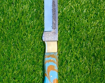 Cuchillo de corte de toro hecho a mano: hoja de acero de 12 cromos grabado, mango de resina