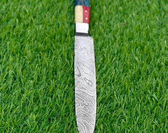 Cuchillo de chef de Damasco hecho a mano: Mango de 3 maderas exóticas de 9"