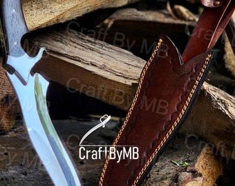Cuchillo Bowie artesanal de 40 cm / Hoja de acero 12Cr de espiga completa con funda de cuero / Mango de madera wengué / Cuchillo de caza, camping y supervivencia