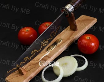 Cuchillo de cocina de acero y cobre hecho a mano – 13” / Mango de palisandro