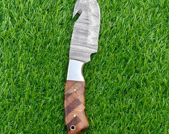 Cuchillo desollador de Damasco hecho a mano: hoja de caza de 20 cm con mango de madera noble