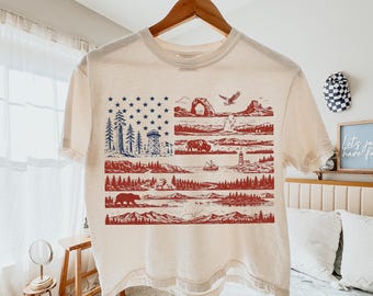 Comfort Colors National Parks American Flag Boxy Tee Shirt, Coastal Patriotic Shirt, Beachy Nautical American Flag, USA Gift