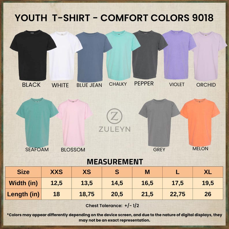 May include: A color chart for Comfort Colors 9018 youth t-shirts featuring eleven solid colors including black, white, blue jean, chalky, pepper, violet, orchid, seafoam, blossom, grey, and melon, with a size measurement table in inches.