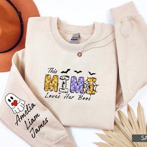 Custom Halloween Spooky Mimi Sweatshirt with Kids Name on Sleeve Personalized Mimi Shirt Halloween Sweatshirt Mimi Halloween Gift Mimi Gifts