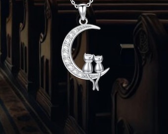 Sterling Silver Cat on Moon Necklace Pet Lover Jewelry
