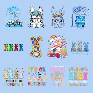 May include: A collection of Easter-themed designs on a light blue background. The designs include bunny faces with glasses and bow ties, a truck with a tree, and text that reads "In April we wear blue" and "Autism Blue". Other designs include the text "It's ok to be different" and "Everyone communicates differently".