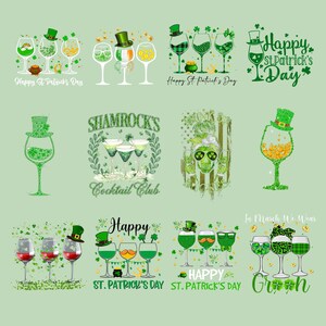 May include: A collection of St. Patrick's Day-themed designs on a light green background. The designs feature wine glasses with shamrocks, leprechaun hats, and text that reads "Happy St. Patrick's Day," "Shamrock's Cocktail Club," and "In March We Wear Green."