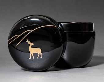 Takeuchi Kousai Black Lacquer Natsume Tea Caddy, Yamazato Maki-e Deer and Maple Design, Tomobako