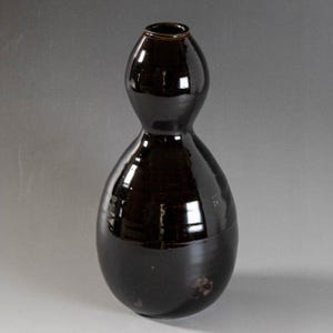 May include: A dark brown, gourd-shaped ceramic vase with a glossy finish. The vase has a narrow neck and a bulbous base, with a smooth, reflective surface. The overall design is simple and elegant.