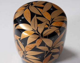 Boîte à thé Natsume en laque japonaise Maki-e en bambou doré sur urushi noir, Chaki de récipient de cérémonie du thé avec couvercle, ustensile traditionnel Sado