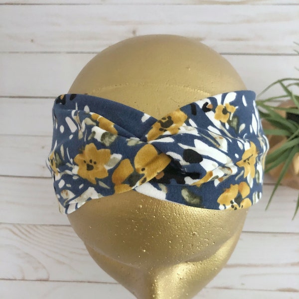 Mustard Floral Headband, Adult Headband, Twist Front Headband, Twist Wrap Headband, Knot Headband, Floral Headband, Blue Headband