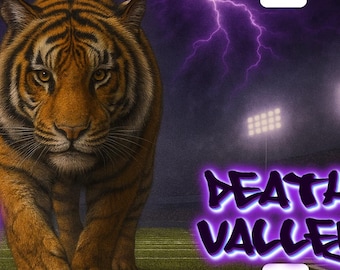 Tiger License Plate | Welcome to Death Valley | LSU Football - Field with Neon Purple Lightning | 12” x 6” Aluminum Car Tag | Tiger Pride