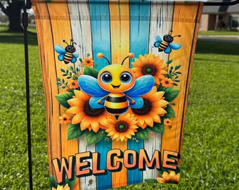 WELCOME Bee and Sunflower Garden or Wall Flag - 12x18 Single Side Print (FLAG ONLY)