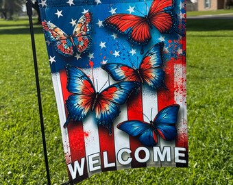 Patriotic Butterfly Garden or Wall Flag - 12x18 Single Side Print (FLAG ONLY) Red, White, Blue