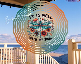 Dragonfly Wind Spinner | Orange & Turquoise Flowers | “It Is Well With My Soul” | 10", 8", 6", 3" Aluminum with Swivel Hook | Inspirational