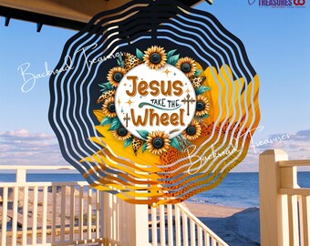 Sunflower Wind Spinner | Dark Gray / Navy / Black | “Jesus Take the Wheel”  10", 8", 6", 3" Aluminum Spinner Swivel Hook | Faith Décor Cross