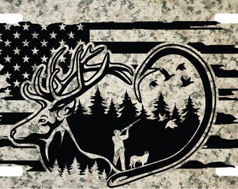 Deer Hunting License Plate – Patriotic Camo Hunter Design – 6 x 12 Inch Novelty or Thick Aluminum Plate