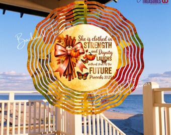 Proverbs 31:25 Wind Spinner | “She is Clothed in Strength & Dignity” | Fall Leaves, Pumpkin Cinnamon Stick w/bow | 10", 8", 6", 3" Aluminum