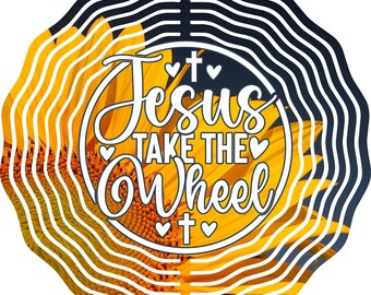 Sunflower Wind Spinner | Dark Gray / Navy / Black | “Jesus Take the Wheel”  10", 8", 6", 3" Aluminum Spinner Swivel Hook | Faith Décor Cross
