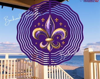 LSU Wind Spinner | 10", 8", 6", 3" Purple & Gold Fleur de Lis | Aluminum Outdoor Hanging Décor | Tiger Fan Garden Patio | Louisiana Southern