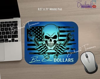 Blue Collar Dollars Mouse Pad | 8.5" x 7" Neoprene Desk Mat | Patriotic Flag, or Personalized Computer Pad | USA Flag | Skeleton | Wrenches