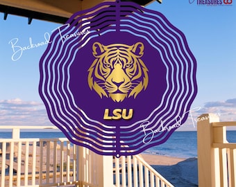 LSU Tiger Head Wind Spinner| Purple & Shimmer Metallic Gold | 10", 8", 6", 3" Aluminum | Tiger Fan Gift | Porch Camp Garden Home Tailgate
