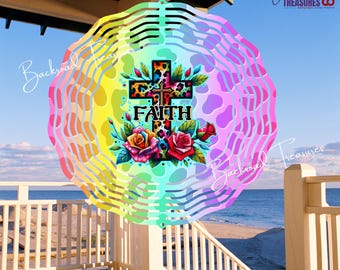 Colorful Faith Cross Wind Spinner | Pastel Rainbow Roses & Cheetah Print | 10", 8", 6", 3" Aluminum w/ Swivel Hook | Inspirational Décor