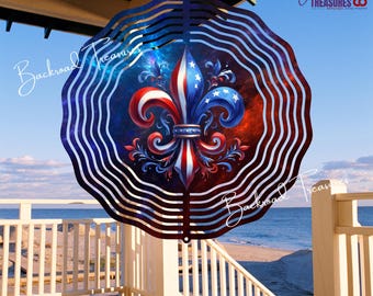 Red White & Blue Fleur de Lis Wind Spinner | Patriotic Outdoor Décor | 10", 8", 6", 3" Aluminum with Swivel Hook | Louisiana Pride Gift