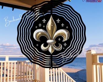 New Orleans Saints Wind Spinner -Swivel Hook | Black & Gold Fleur de Lis | 10", 8", 6", or 3" Aluminum Outdoor Décor | Who Dat Fan Louisiana