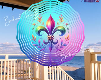 Colorful Fancy Fleur de Lis Wind Spinner | 10", 8", 6", 3" Aluminum with Swivel Hook | Pink Purple Green Blue Yellow | Louisiana Decor