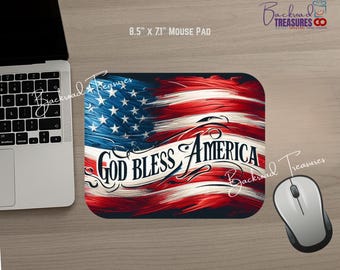 God Bless America Mouse Pad | 8.5" x 7" Neoprene Desk Mat | Patriotic Flag, or Personalized Computer Pad | Red, White, Blue Flag | Love USA