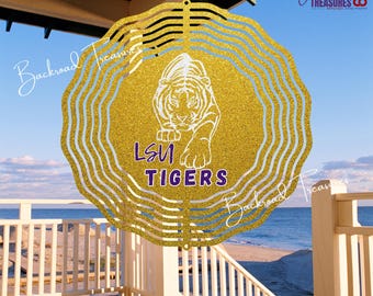 LSU Tiger Glitter Wind Spinner | White Glitter Tiger on Gold Glitter | LSU Tigers in Purple | 10”, 8", 6", 3" Aluminum | Shimmer Sparkle