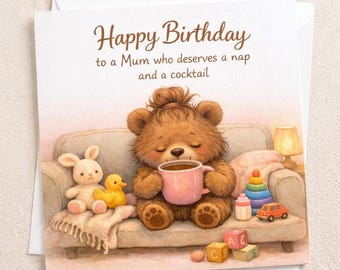 Funny Bear Birthday Card for Mum | Coffee Cocktail Nap Greeting Card