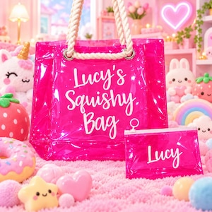 Personalised Squishy Bag & Matching Pouch | Pink PVC Tote Bag | Squishy Gift Set | Custom Name Gift for Kids | Birthday Gift