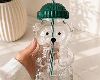 Personalised Bear Glass Cup with Straw & Lid | 590ml Cute Bear Tumbler | Custom Name Cup | Kids Drink Cup | Reusable Glass Mug