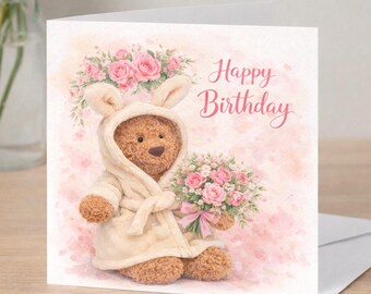 Cute Bartholomew Bear Birthday Card | Floral Birthday Card | Watercolour Bear Card | Cute Birthday Card for Mum Friend Daughter |