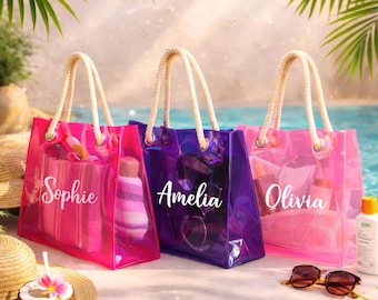 Personalised Transparent Beach Bag | PVC Rope Handle Tote | Bridesmaid Hen Party Bag